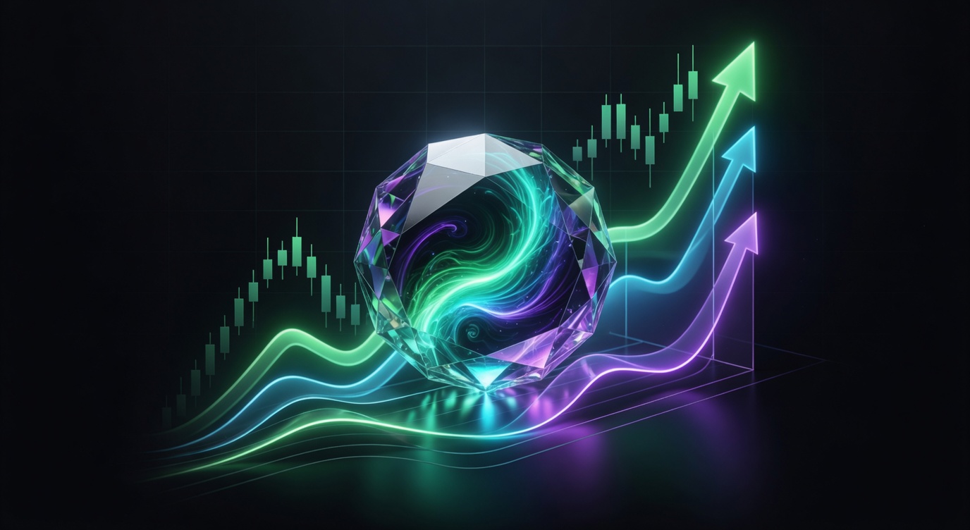 Glowing glass data orb on rising teal, green, and purple charts